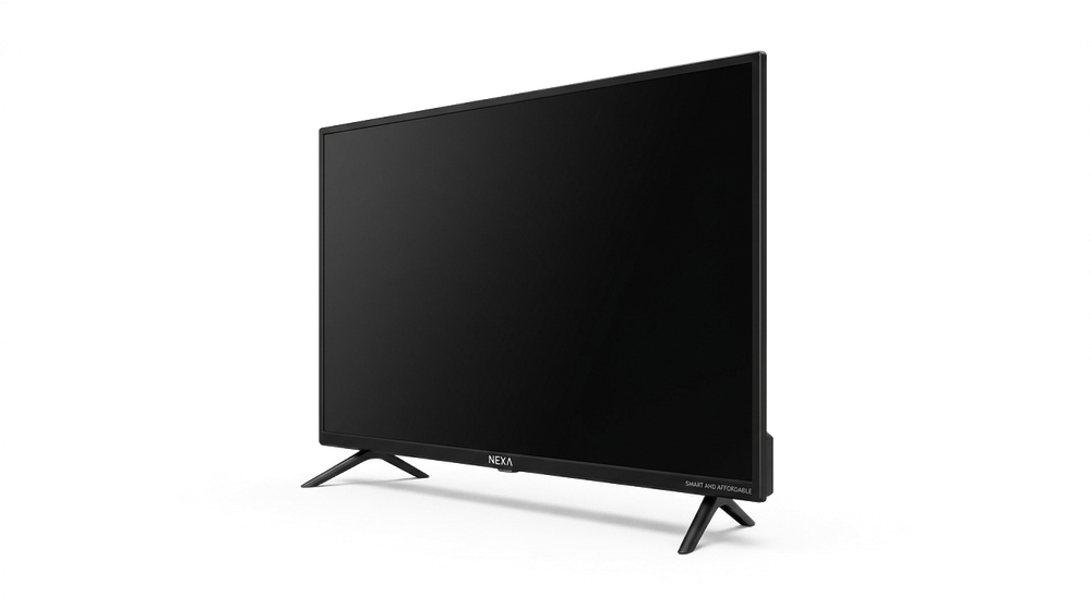 A NEXA smart TV on its two legged stand, seen from a three quarter angle